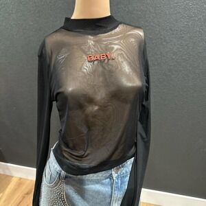 Black mesh long sleeve top with red lettering baby